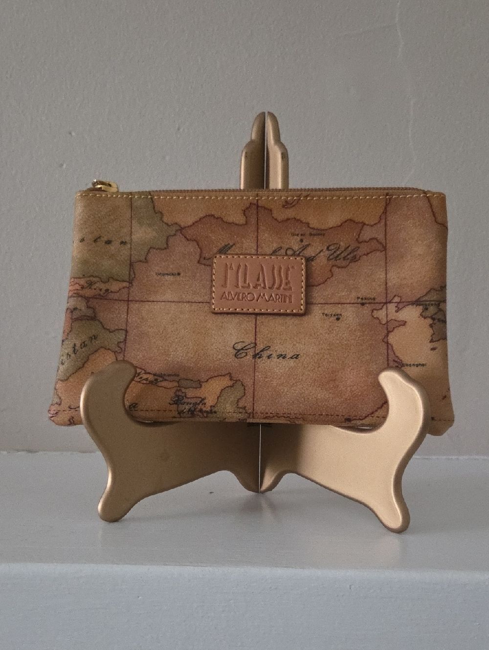 Alviero Martini Map-Print Zip Pouch in Tan and Brown